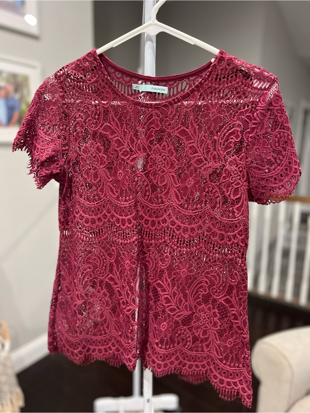 Maurices Women's Lace Short Sleeve Top — Burgundy- Small